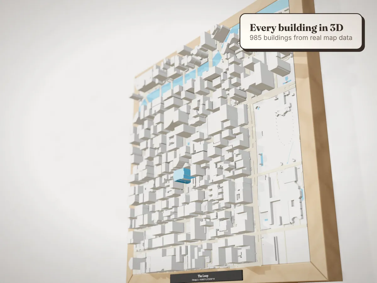 Close-up of the The Loop model from the side, showing building heights