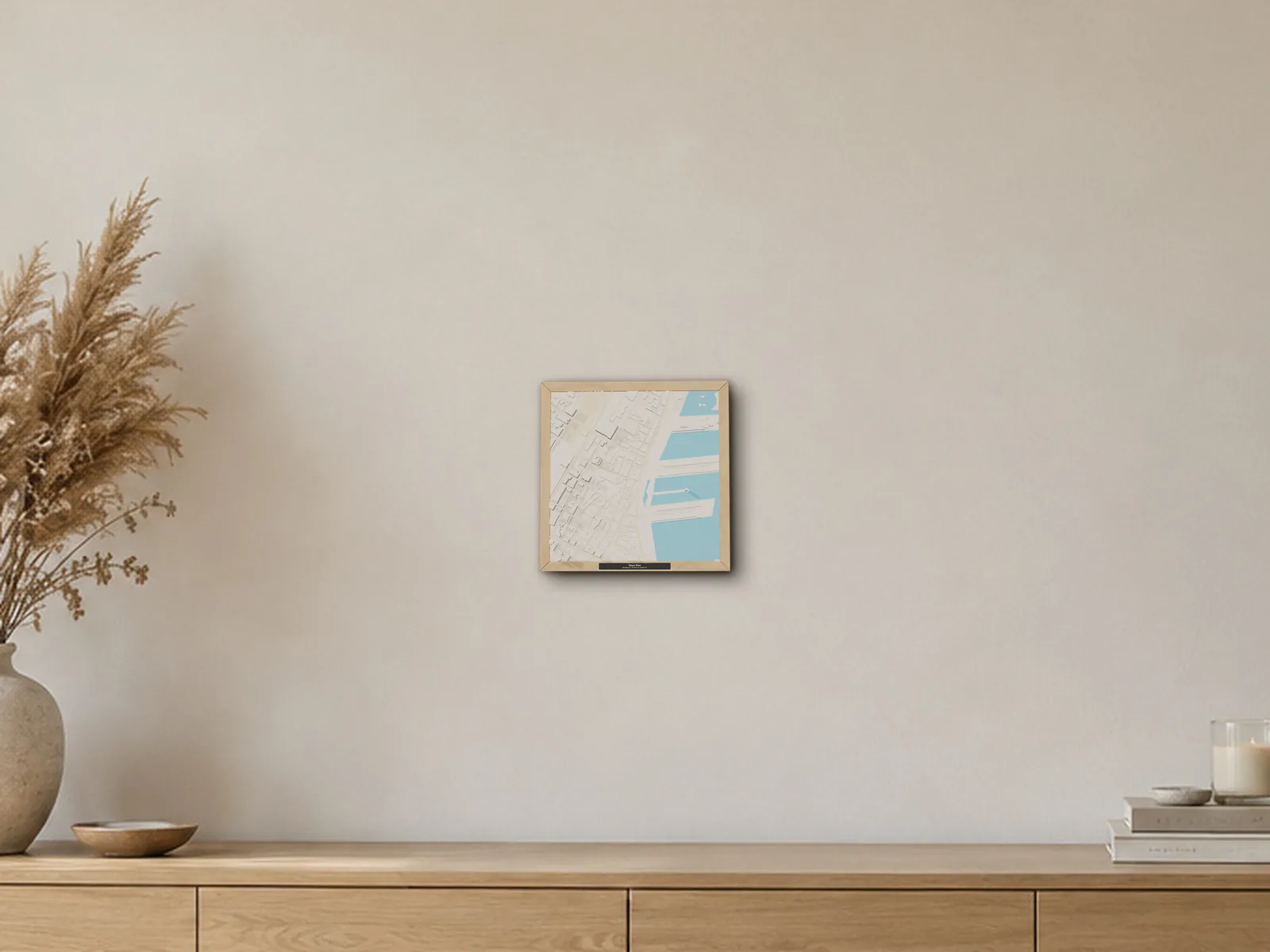 A framed 3D model of Vieux-Port, Montréal, QC, in a generated room