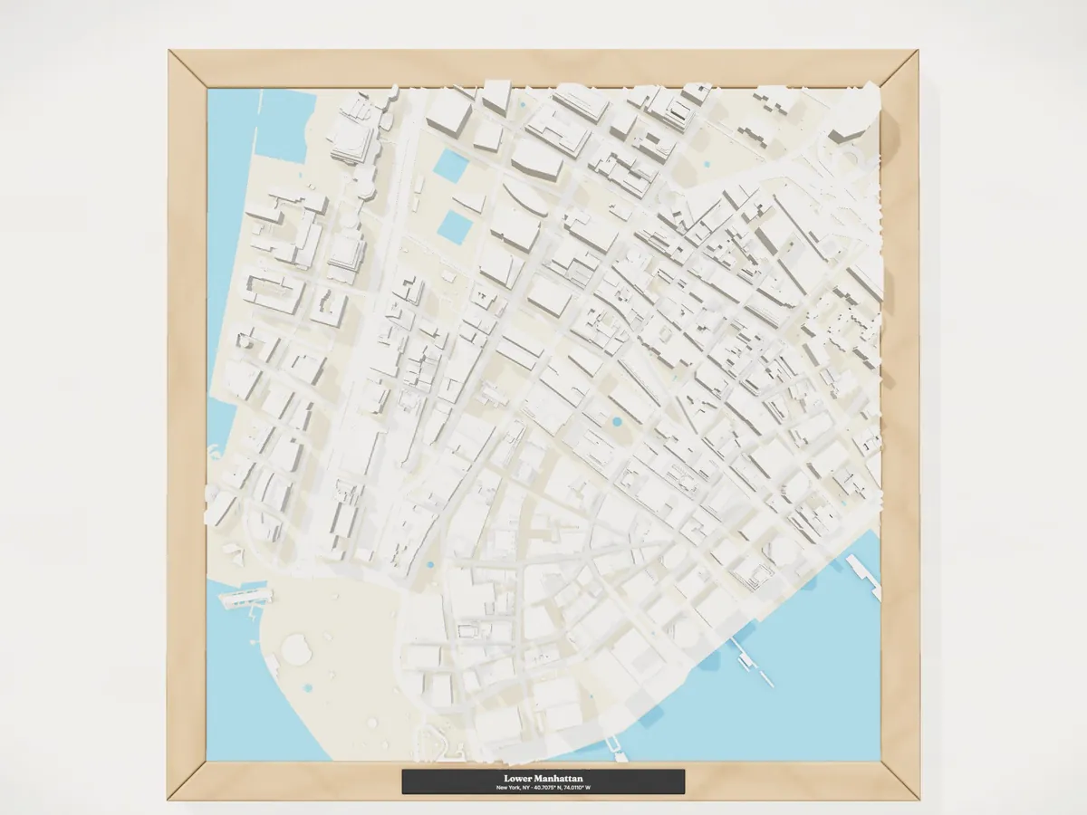 A framed 3D model of Lower Manhattan, New York