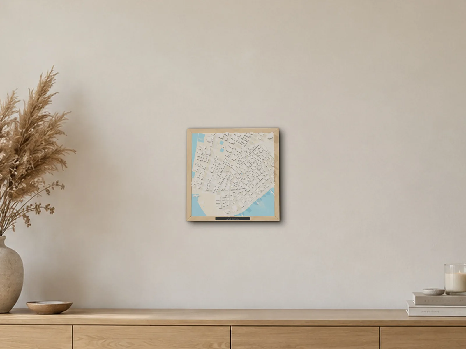 A framed 3D model of Lower Manhattan, New York, NY, in a generated room