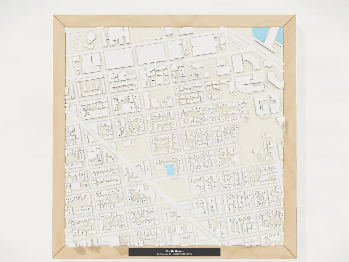 A framed 3D model of North Beach, San Francisco