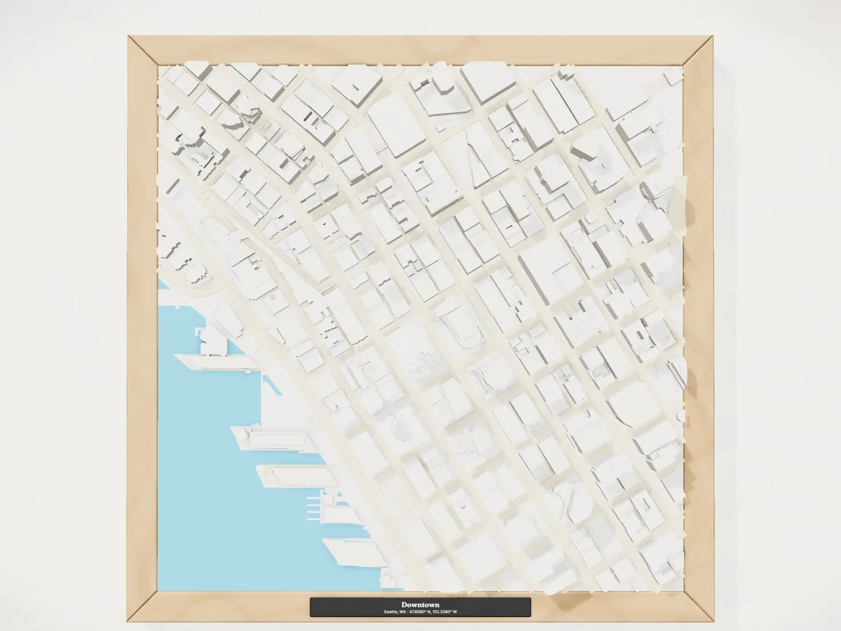 A framed 3D model of Downtown, Seattle
