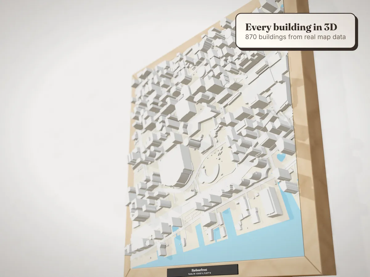 Close-up of the Harbourfront model from the side, showing building heights