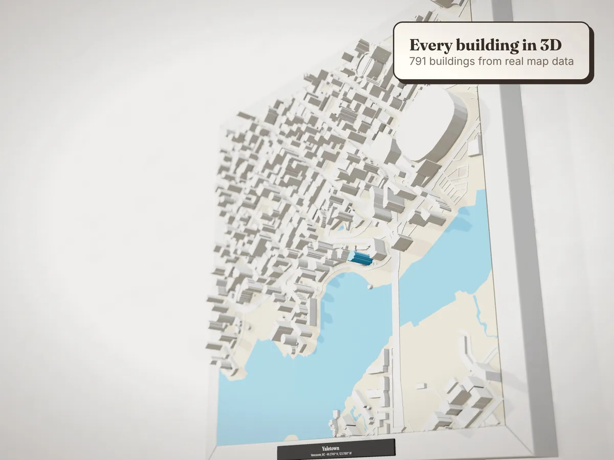 Close-up of the buildings, streets and trees on the Yaletown model