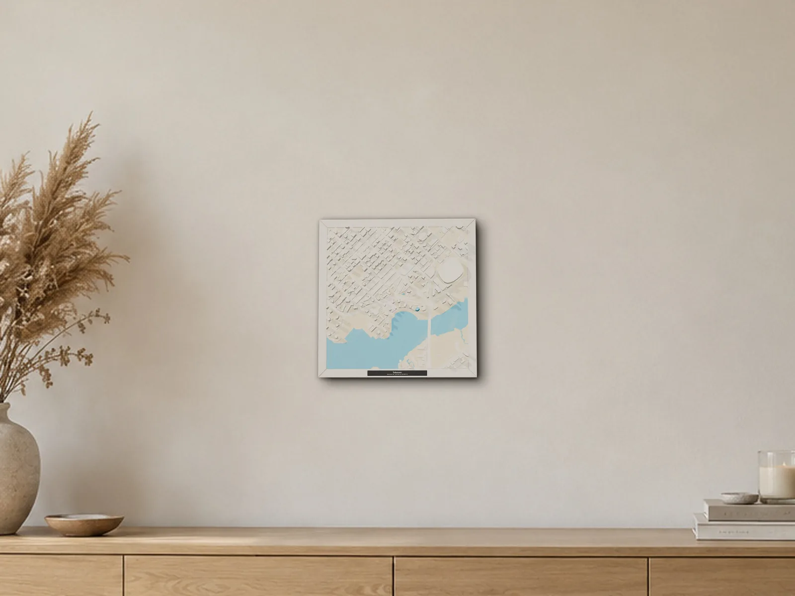 A framed 3D model of Yaletown, Vancouver, in a generated room